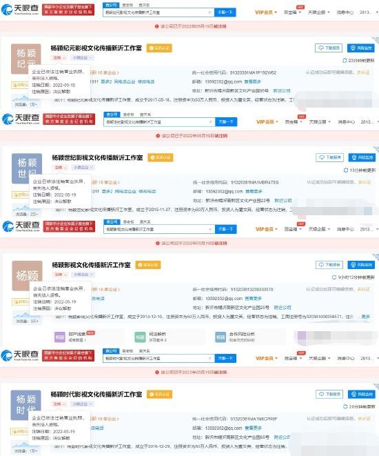 杨颖4家新沂工作室于同日注销 原因均为决议解散