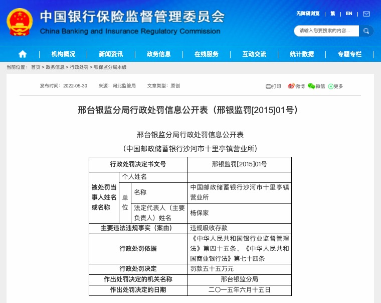 因违规吸收存款，邮储银行沙河市十里亭镇营业所被罚55万