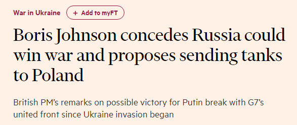 英媒：约翰逊承认俄罗斯可能打赢乌克兰